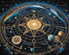 Cyberpunk figure observing a celestial map with zodiac constellations and clock-faced planets in an abstract surreal art print