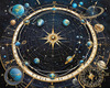 Cyberpunk figure observing a celestial map with zodiac constellations and clock-faced planets in an abstract surreal art print