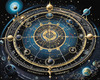 Cyberpunk figure observing a celestial map with zodiac constellations and clock-faced planets in an abstract surreal art print