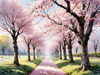 Printable Cherry Blossom Trees with Falling Petals in Forest