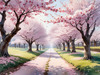 Printable Cherry Blossom Trees with Falling Petals in Forest