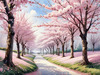 Printable Cherry Blossom Trees with Falling Petals in Forest