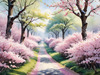 Printable Cherry Blossom Trees with Falling Petals in Forest
