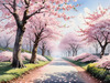 Printable Cherry Blossom Trees with Falling Petals in Forest