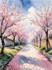 Printable Cherry Blossom Trees with Falling Petals in Forest