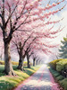Printable Cherry Blossom Trees with Falling Petals in Forest
