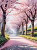 Printable Cherry Blossom Trees with Falling Petals in Forest
