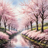 Printable Cherry Blossom Trees with Falling Petals in Forest