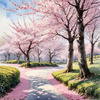 Printable Cherry Blossom Trees with Falling Petals in Forest