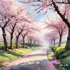 Printable Cherry Blossom Trees with Falling Petals in Forest