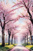 Printable Cherry Blossom Trees with Falling Petals in Forest