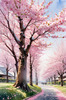 Printable Cherry Blossom Trees with Falling Petals in Forest
