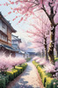 Printable Cherry Blossom Trees with Falling Petals in Forest