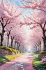 Printable Cherry Blossom Trees with Falling Petals in Forest