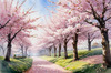 Printable Cherry Blossom Trees with Falling Petals in Forest