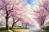 Printable Cherry Blossom Trees with Falling Petals in Forest