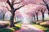 Printable Cherry Blossom Trees with Falling Petals in Forest