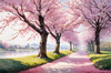 Printable Cherry Blossom Trees with Falling Petals in Forest