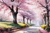 Printable Cherry Blossom Trees with Falling Petals in Forest