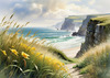 Coastal Meadow with Bending Grasses and Cliffs Over Turbulent Ocean Waves