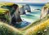 Coastal Meadow with Bending Grasses and Cliffs Over Turbulent Ocean Waves