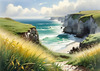 Coastal Meadow with Bending Grasses and Cliffs Over Turbulent Ocean Waves