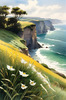 Coastal Meadow with Bending Grasses and Cliffs Over Turbulent Ocean Waves