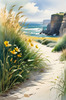 Coastal Meadow with Bending Grasses and Cliffs Over Turbulent Ocean Waves