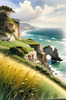 Coastal Meadow with Bending Grasses and Cliffs Over Turbulent Ocean Waves