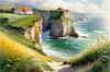 Coastal Meadow with Bending Grasses and Cliffs Over Turbulent Ocean Waves