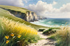 Coastal Meadow with Bending Grasses and Cliffs Over Turbulent Ocean Waves