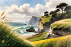 Coastal Meadow with Bending Grasses and Cliffs Over Turbulent Ocean Waves