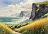 Coastal Meadow with Bending Grasses and Cliffs Over Turbulent Ocean Waves