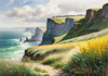 Coastal Meadow with Bending Grasses and Cliffs Over Turbulent Ocean Waves