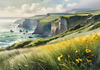 Coastal Meadow with Bending Grasses and Cliffs Over Turbulent Ocean Waves