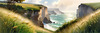 Coastal Meadow with Bending Grasses and Cliffs Over Turbulent Ocean Waves