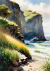 Coastal Meadow with Bending Grasses and Cliffs Over Turbulent Ocean Waves