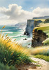 Coastal Meadow with Bending Grasses and Cliffs Over Turbulent Ocean Waves
