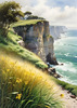 Coastal Meadow with Bending Grasses and Cliffs Over Turbulent Ocean Waves