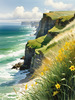 Coastal Meadow with Bending Grasses and Cliffs Over Turbulent Ocean Waves