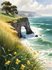Coastal Meadow with Bending Grasses and Cliffs Over Turbulent Ocean Waves