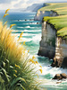 Coastal Meadow with Bending Grasses and Cliffs Over Turbulent Ocean Waves