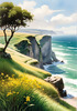 Coastal Meadow with Bending Grasses and Cliffs Over Turbulent Ocean Waves