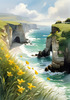 Coastal Meadow with Bending Grasses and Cliffs Over Turbulent Ocean Waves