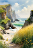 Coastal Meadow with Bending Grasses and Cliffs Over Turbulent Ocean Waves