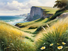 Coastal Meadow with Bending Grasses and Cliffs Over Turbulent Ocean Waves