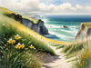 Coastal Meadow with Bending Grasses and Cliffs Over Turbulent Ocean Waves
