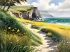 Coastal Meadow with Bending Grasses and Cliffs Over Turbulent Ocean Waves