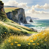 Coastal Meadow with Bending Grasses and Cliffs Over Turbulent Ocean Waves