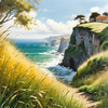 Coastal Meadow with Bending Grasses and Cliffs Over Turbulent Ocean Waves